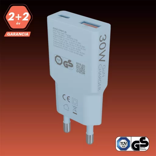 Avax CH641LB HÁLÓZATI TÖLTŐ, 30W, USB-C, USB-A, KÉK