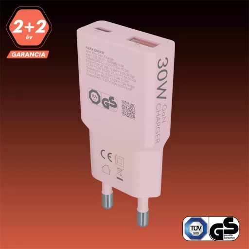 Avax CH641P HÁLÓZATI TÖLTŐ, 30W, USB-C, USB-A, PINK