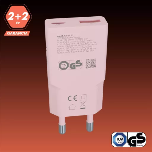Avax CH641P HÁLÓZATI TÖLTŐ, 30W, USB-C, USB-A, PINK