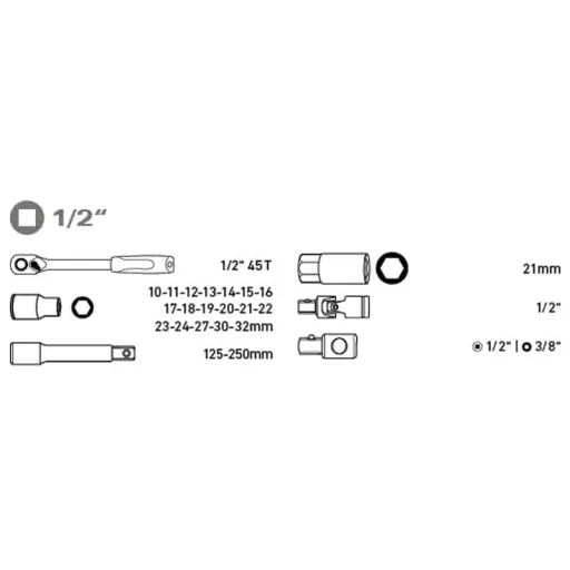Extol Premium 8818365 DUGÓKULCS KÉSZLET, 10-32MM, CV., RACSNIS 45FOG, 1/2", 24DB, FÉM DOBOZ