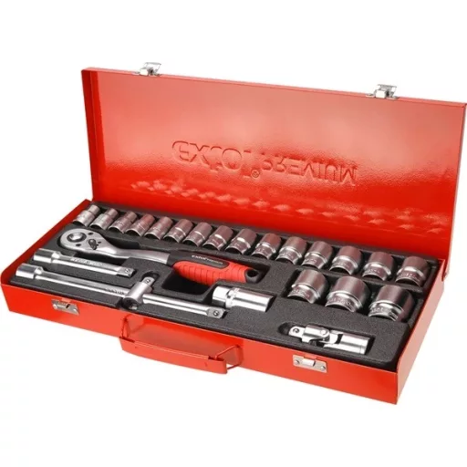 Extol Premium 8818365 DUGÓKULCS KÉSZLET, 10-32MM, CV., RACSNIS 45FOG, 1/2", 24DB, FÉM DOBOZ