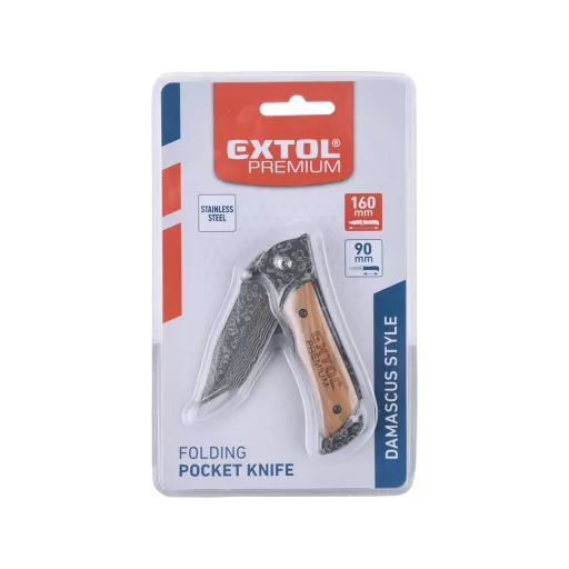 Extol Premium 8855121 ZSEBKÉS (BICSKA), ROZSDAMENTES ACÉL PENGE DAMASZK MINTÁVAL, FA BETÉTES NYÉL