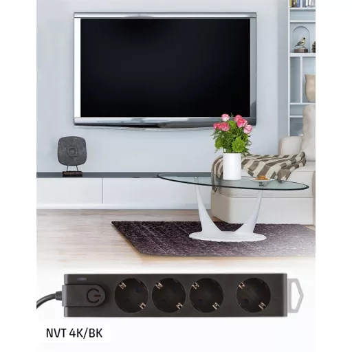 Home by Somogyi NVT 4K/BK TÚLFESZÜLTSÉGVÉDETT ELOSZTÓ, 4 ALJZAT, FEKETE, 1,5 M
