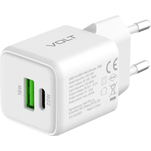 Yenkee YAC G38 HÁLÓZATI TÖLTŐ, 20W, 1 USB-C, 1 USB-A, FEHÉR
